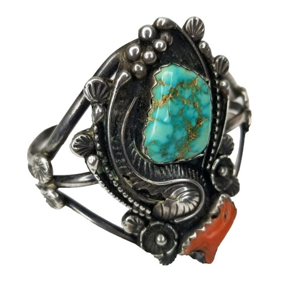 HUGE Sterling Silver NAVAJO Turquoise Coral Cuff … - image 2