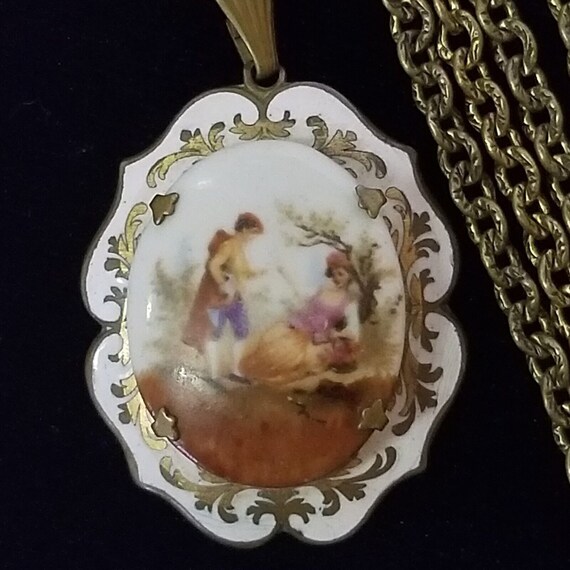 Antique Vintage Hand Painted Porcelain Pendant Ca… - image 3