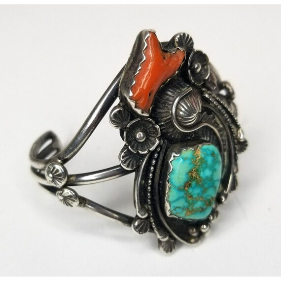 HUGE Sterling Silver NAVAJO Turquoise Coral Cuff … - image 9