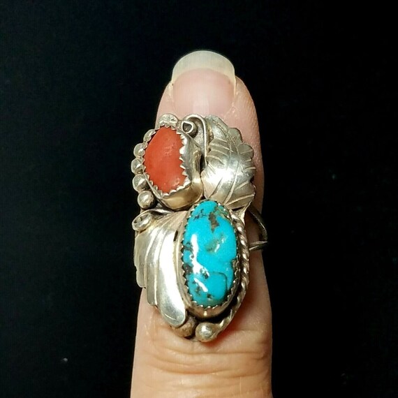 Native American Sterling Silver Turquoise Coral R… - image 7