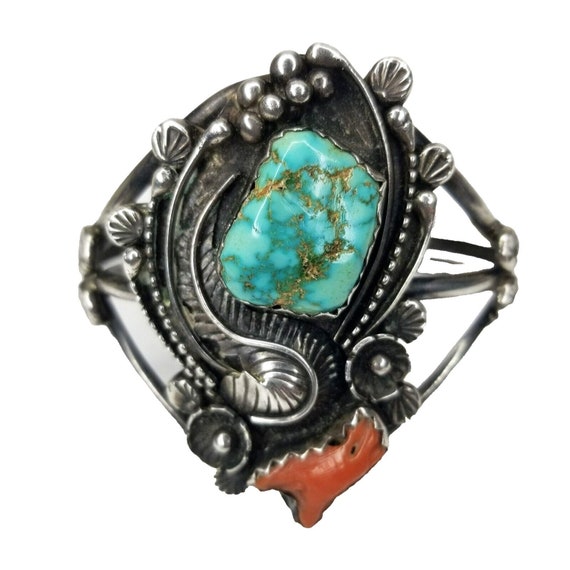 HUGE Sterling Silver NAVAJO Turquoise Coral Cuff … - image 1