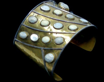 VTG Modernist Wide Hammered Cuff Bracelet Sterling Brass Stone Artisan Signed