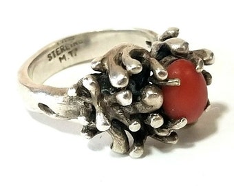 Vintage Brutalist Sterling Silver Red Coral Ring 925 Modernist 1960's Signed MT Size 6