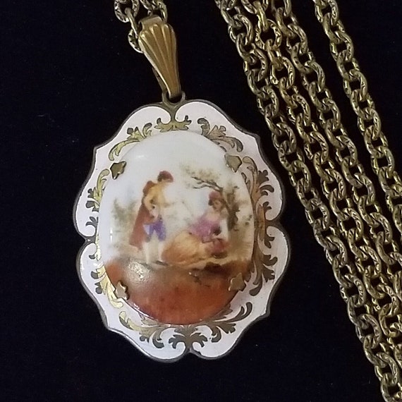 Antique Vintage Hand Painted Porcelain Pendant Ca… - image 1