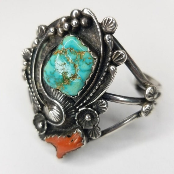 HUGE Sterling Silver NAVAJO Turquoise Coral Cuff … - image 4