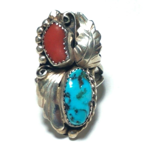 Native American Sterling Silver Turquoise Coral R… - image 1