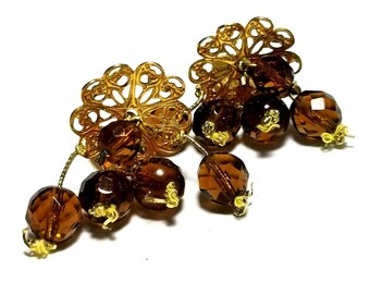 Vintage Signed DeMario NY Amber Crystal Dangle Clip Earrings Gold Tone Filigree
