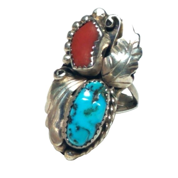 Native American Sterling Silver Turquoise Coral R… - image 4