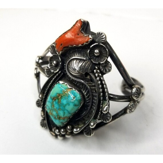 HUGE Sterling Silver NAVAJO Turquoise Coral Cuff … - image 7
