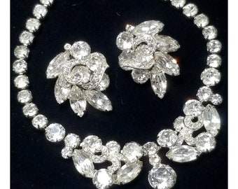 Vintage Eisenberg Rhinestone Necklace Earrings Wedding 1950's HUGE Marquise Stones