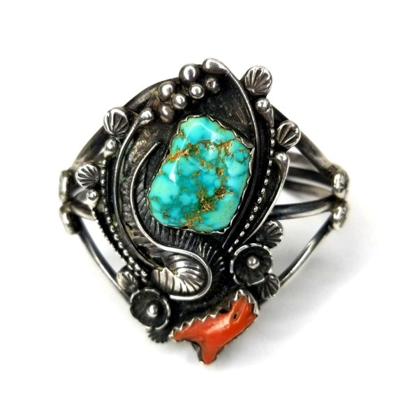 HUGE Sterling Silver NAVAJO Turquoise Coral Cuff … - image 8