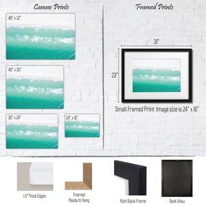 May include: A comparison of canvas and framed prints of an aerial photograph of turquoise ocean waves breaking on a sandy beach. The canvas prints are available in four sizes: 48 inches by 32 inches, 40 inches by 30 inches, 36 inches by 24 inches, and 24 inches by 16 inches. The framed print is 24 inches by 16 inches and is shown with a black frame. The image also shows the back view of the framed print, the frame itself, and the canvas print with its 1.5 inch thick edges.