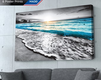 Teal Beach Sunset Canvas Print: Coastal Living Room Wall Art