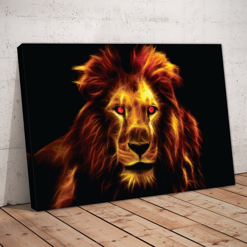 May include: A fiery orange and yellow lion with glowing red eyes against a black background. The lion's mane is flowing and appears to be made of flames.