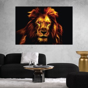 May include: A fiery orange and yellow lion with glowing red eyes against a black background.