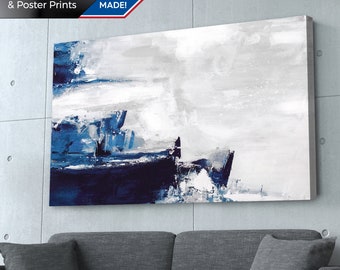 Blue & Gray Abstract Art Print: Modern Living Room Wall Decor