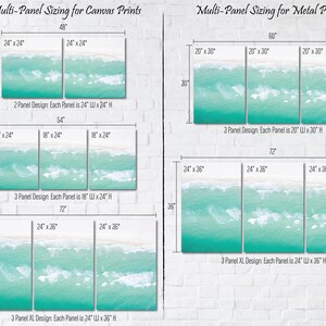 May include: A diagram showing different multi-panel sizing options for canvas and metal prints. The image shows a beach scene with turquoise water and white waves. The sizes are listed in inches.  2 Panel Design: Each Panel is 24" W x 24" H. 3 Panel Design: Each Panel is 18" W x 24" H. 3 Panel XL Design: Each Panel is 24" W x 36" H. 3 Panel Design: Each Panel is 20" W x 30" H. 3 Panel XL Design: Each Panel is 24" W x 36" H.