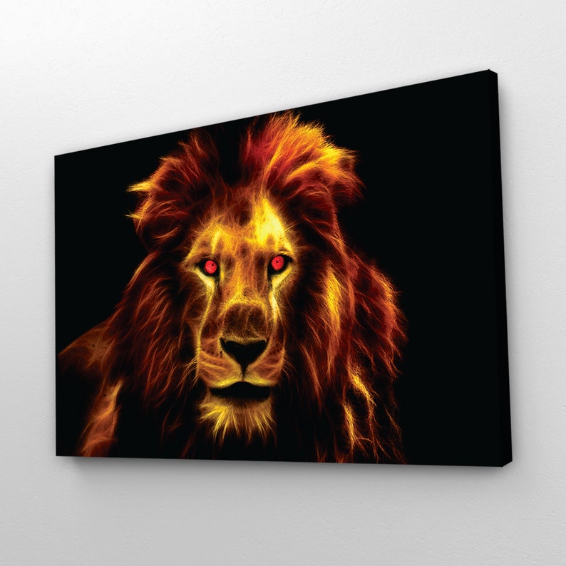 May include: A fiery orange and yellow lion with glowing red eyes against a black background. The lion's mane is long and flowing, and its expression is fierce.