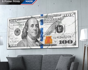 100 Dollar Bill Money Art Print: Black & White Marble Canvas or Metal