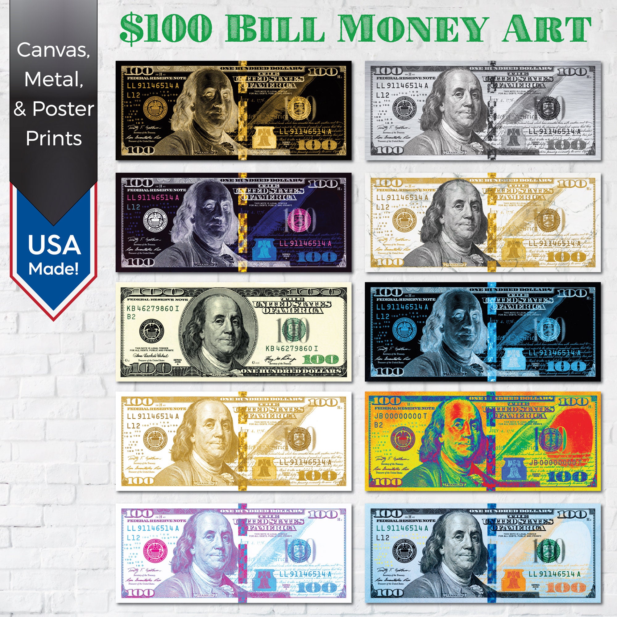 100 Dollar Bill Money Canvas Art Choose From 10 Designs | Etsy