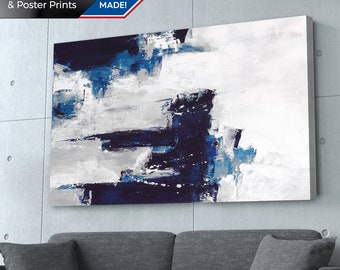 Blue & Gray Abstract Art Print: Modern Living Room Decor