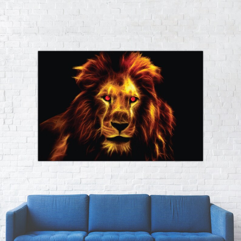 May include: A fiery orange and yellow lion with glowing red eyes against a black background. The lion's mane is flowing and appears to be made of flames.