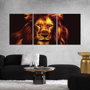 May include: A fiery orange and yellow lion with glowing red eyes against a black background. The lion's mane is made of flames and the image is split into three panels.