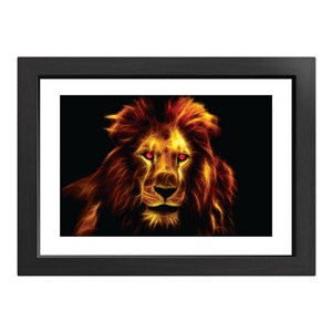 May include: A framed print of a lion with a fiery mane and glowing red eyes against a black background.