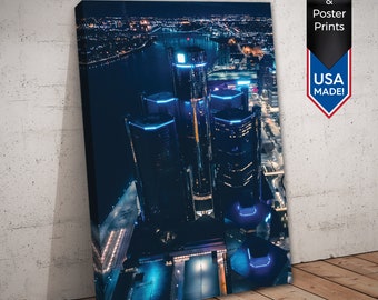 Detroit Skyline Print: GM Building, Renaissance Center - Canvas, Metal or Poster