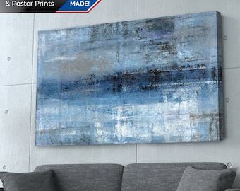 Blue & Gray Abstract Art Print: Modern Living Room Wall Decor