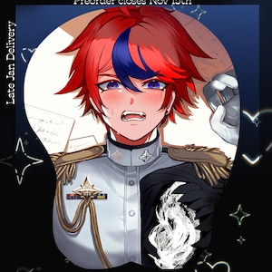 May include: A mouse pad featuring an anime-style character with red hair and a blue streak, wearing a white and black military-style uniform with gold epaulets. Text reads Preorder closes Nov 15th and Late Jan Delivery.