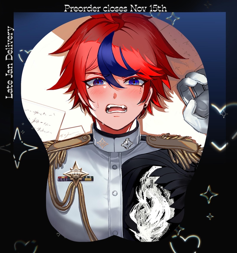 May include: A mouse pad featuring an anime-style character with red hair and a blue streak, wearing a white and black military-style uniform with gold epaulets. Text reads Preorder closes Nov 15th and Late Jan Delivery.