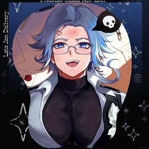 May include: A mousepad featuring an anime-style character with blue hair, glasses, and a black top. The character has a flushed face and a sharp tooth. Text on the image reads Preorder closes Nov 15th and Late Jan Delivery.
