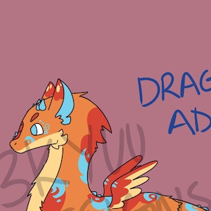 May include: A cartoon dragon illustration with orange, red, and blue accents. The dragon has wings and a long tail. The text "DRAGON ADOPT" is written in blue. The background is a pink square with a textured border.