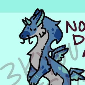 May include: A blue and gray cartoon dragon with the text "NOODLE DRAGON ADOPT" on a light blue background. The dragon has diamond and star patterns on its body and small wings.