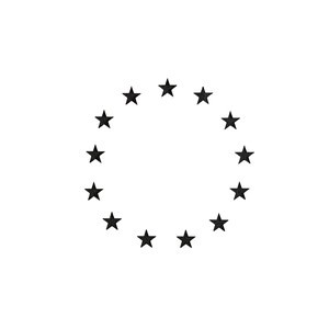 May include: A circle of twelve black stars on a white background.