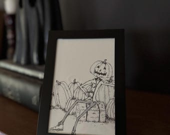 Original Halloween Fall Pumpkin Man Drawing | Framed Art