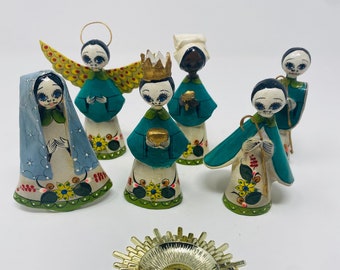 Set of 6 Mini Vintage Mexican Paper Mache Handmade/Hand Painted Nativity Day of Dead, Miniature Vintage Mexican Paper Figures Made in Mexico