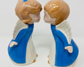 Adorable Vintage Ceramic Kissing Angels Handmade and Hand Painted Blue and White 1970s