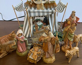 Vintage Fontanini King Melchoir Blue Tent with nativity figurines, Vintage Fontanini nativity figures with Kings Tent, Fontanini Baby Jesus