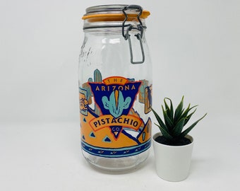 Vintage Arizona Desert Glass Jar 2L Arizona Pistachio Company Le Parfait Jar, Vintage Southwest Cactus Canister Jar Peach Blue