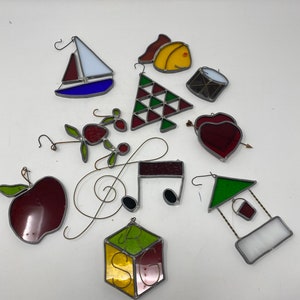 Set of Ten Vintage Stained Glass Christmas Ornament/Vintage Sun Catchers, Stained glass Fish, Drum, Heart, Christmas Tree, Sail Boat, Block