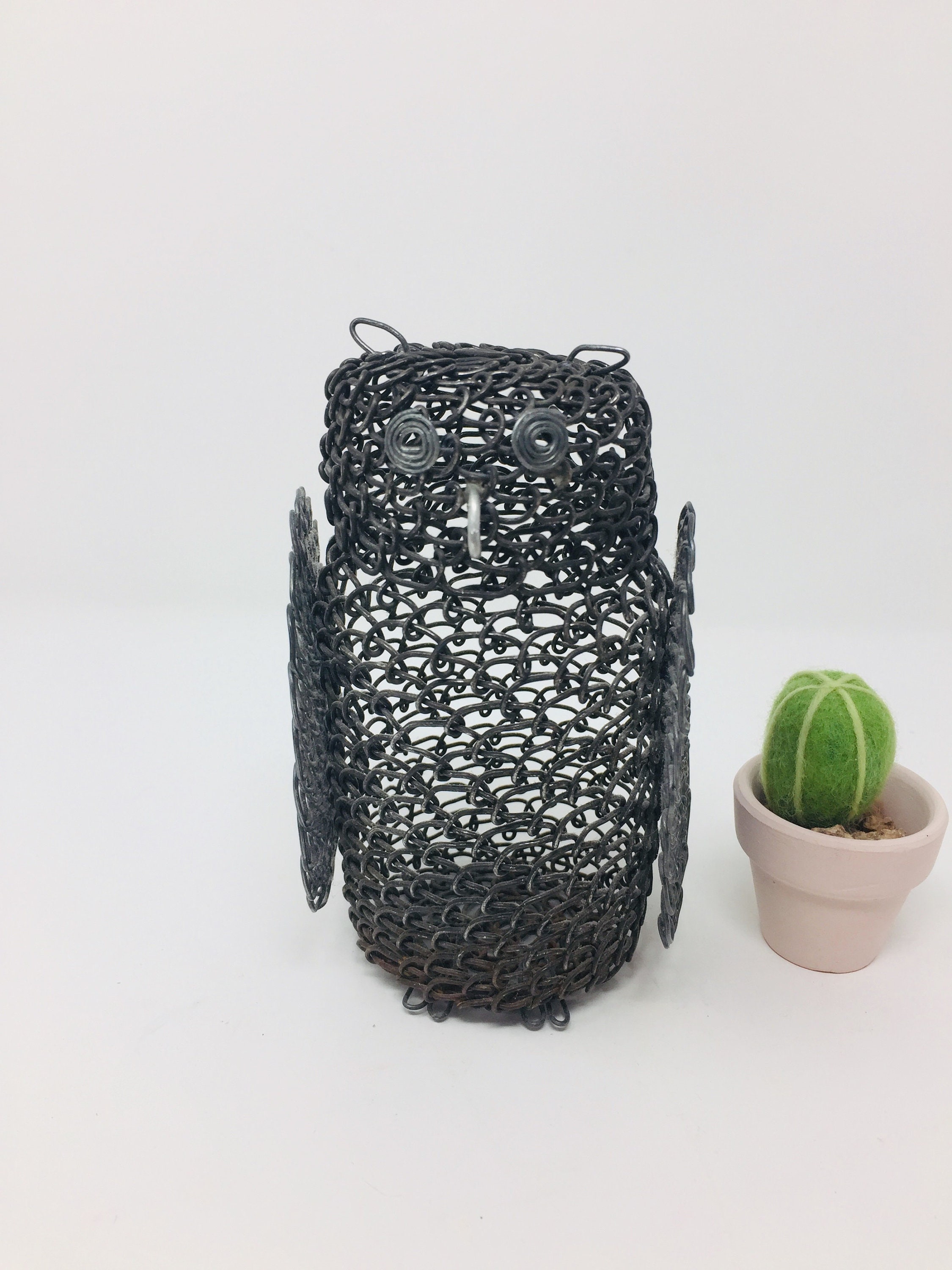 Vintage Handmade Wire Owl Container, Mid-Century Decor