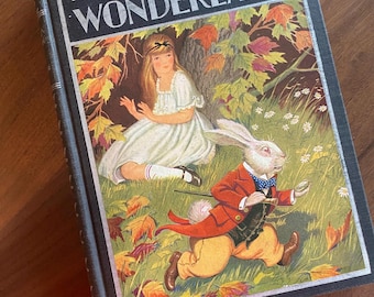 Puede incluir: Un libro de tapa dura titulado "Alicia en el país de las maravillas" con una ilustración colorida. La portada muestra a Alicia, un conejo blanco con un abrigo rojo y hojas de otoño. El libro está sobre una superficie de madera.