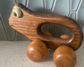 Vintage 1970s Wood Frog Roller  Hand Massager with Large Google Eyes 8"x6"