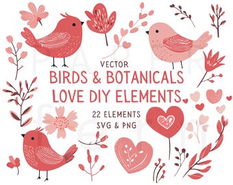 Birds and Botanicals Love Clipart | Individual PNG and SVG | Vector Illustrations | Cute Valentine and Wedding Clip Art | Commercial Use