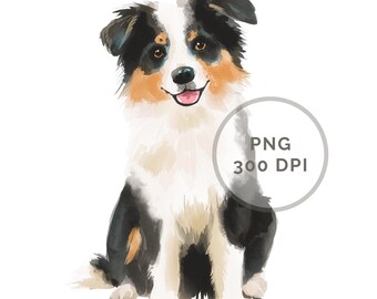 Watercolor Australian Shepherd PNG, Dog Clipart, Transparent Background, Digital Download