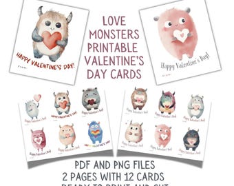 Love Monsters Printable Valentine's Cards PDF and PNG