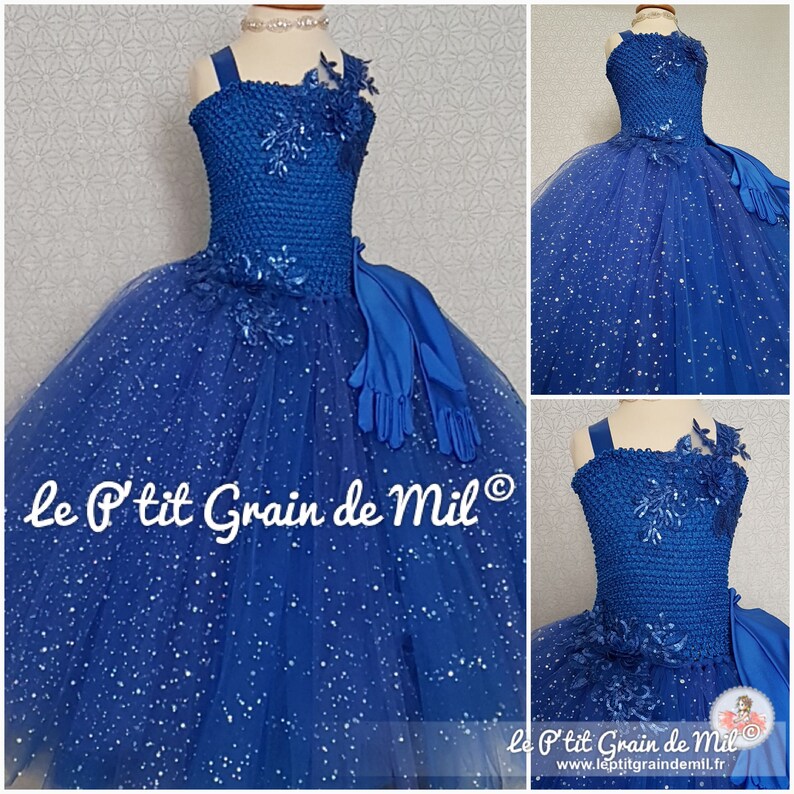 Robe Tutu Longue Princesse Pour Petite Fille En Tulle Bleu Roi à Paillettes Déguisement Cérémonie Mariage Anniversaire 2 3 4 5 6 7 8 Ans