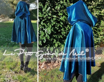 READY TO SHIP Peacock Teal Green Velvet hooded Cape for Adult, Mid-Length Cape, Fantasy Costume Cape with Hood, Elven Costume Fairy Medieval